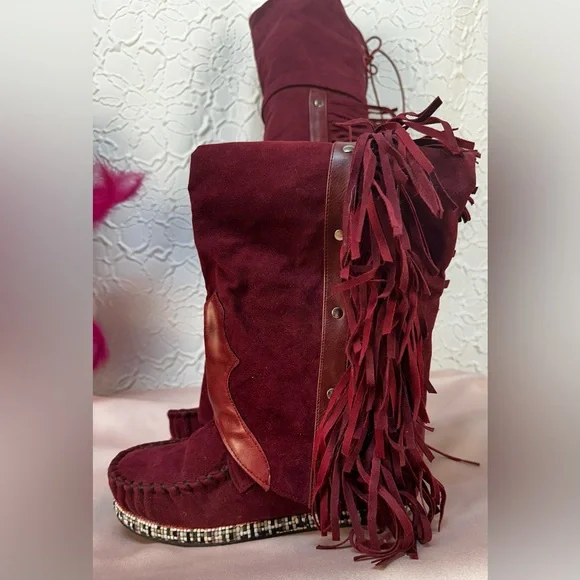 Bohemian Fringe Knee-High Moccasin Boots - Wine (6)‼️NWOB‼️ - Picture 14 of 15